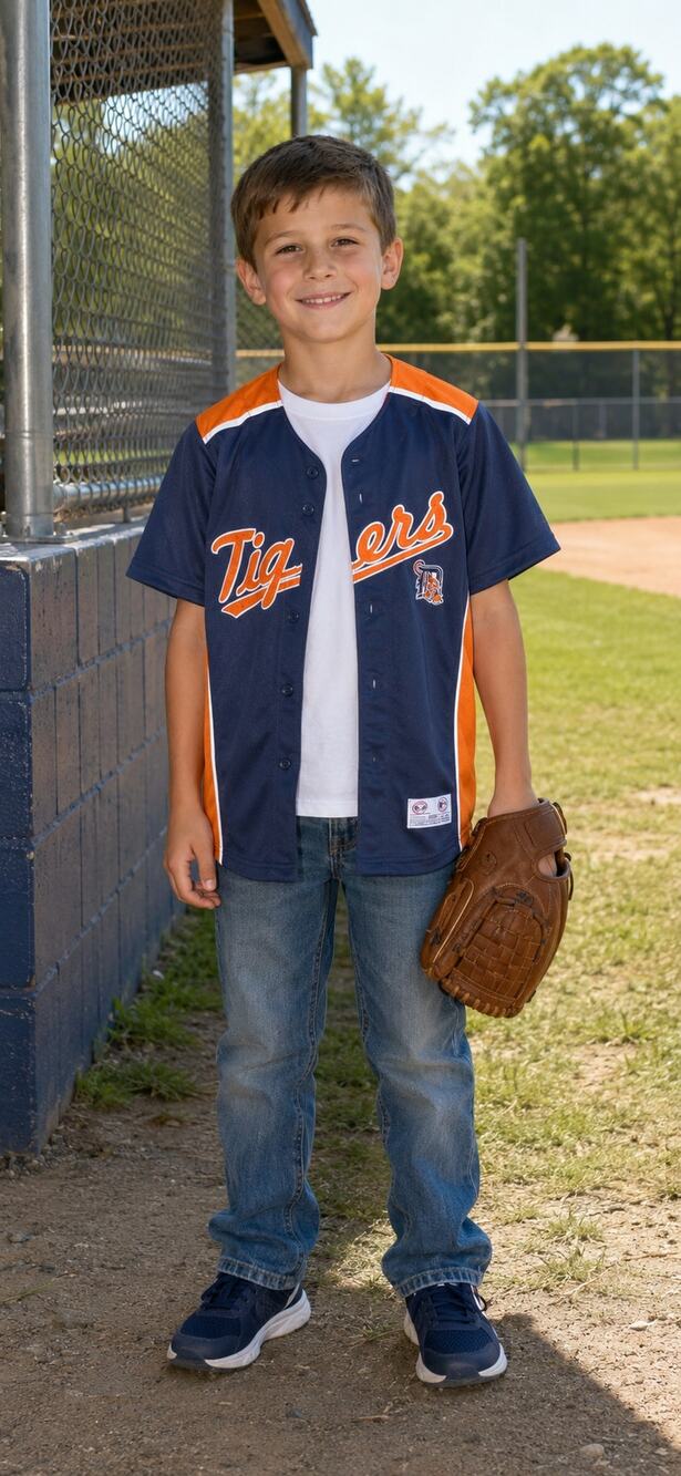 Detroit Tigers True Fan MLB Jersey Boys M 8 Navy Orange Button Up Baseball